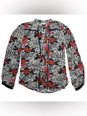 Porridge Blue & Red Floral Long Sleeve Key Cutout Blouse Womens Size XS
